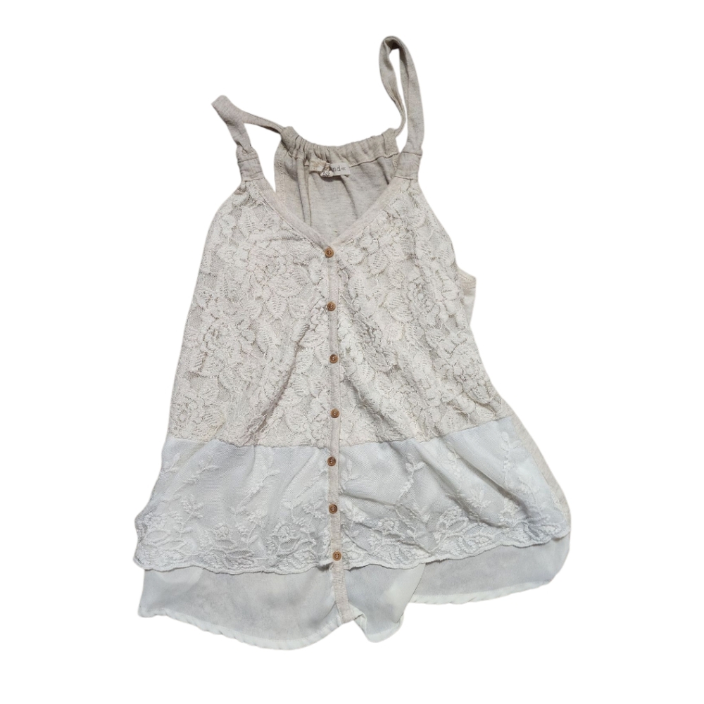 Rewind Tank Top w/Lace Front, Fixed Wooden buttons - Cream, Size X-Small
